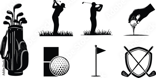 Black golf icon set with swinging player silhouettes tee shot hand golf bag flag pole crossed clubs and ball graphic in minimalist flat vector art style