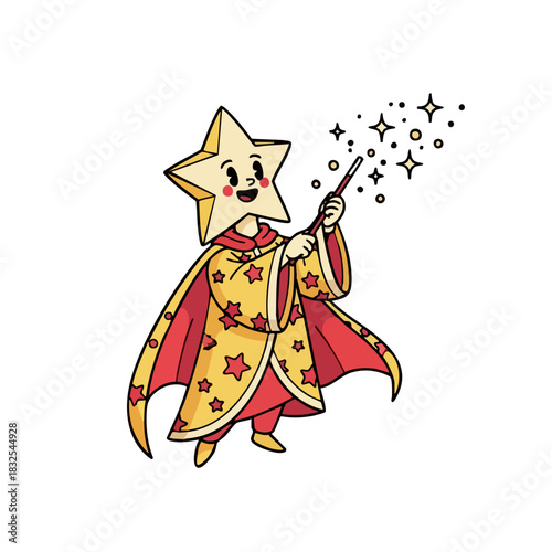 Starheaded Wizard Casting a Spell with Wand and Sparkling Magic.
