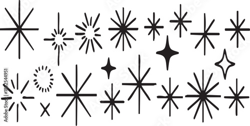 A collection of simple, hand-drawn black starbursts and sparkle shapes scattered across a light neutral background.