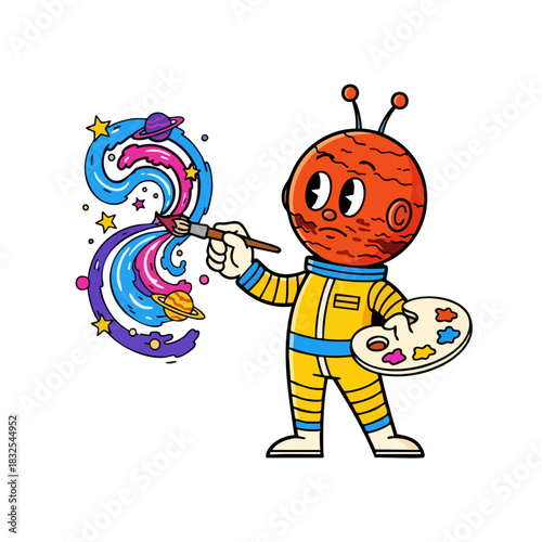 Cartoon Martian Artist Painting a Colorful Cosmic Scene.