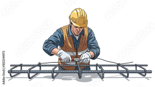 Dedicated construction worker meticulously securing reinforcing steel bars with wire and pliers, illustrating the fundamental process of rebar tying for structural integrity in building projects