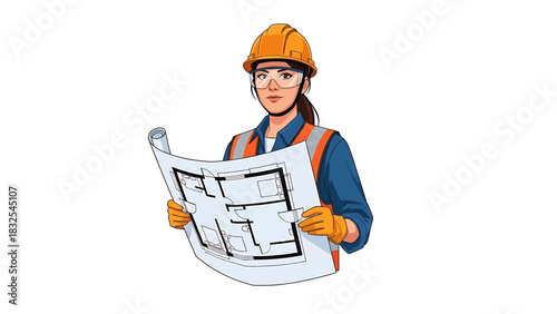 Architect analyzing construction blueprints, wearing safety gear and hard hat, focused on project design