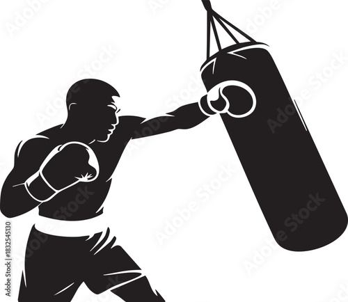 A black silhouette of a boxer in action, throwing a punch at a heavy punching bag. The boxer wears boxing gloves and shorts.