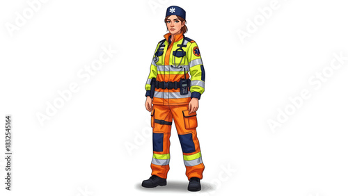 Illustration of a female emergency medical technician in uniform with reflective stripes and equipment