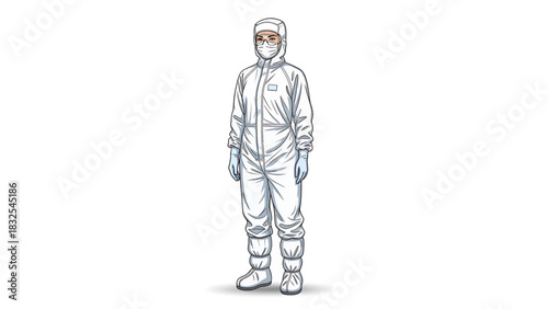 Vector illustration of an individual in complete protective gear, including a suit, mask, and gloves, depicting safety measures and work in a controlled environment