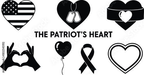 Patriotic heart vector art with american flag dog tags ribbon hands making heart balloon and outline icons in black and white memorial tribute style