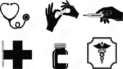 Flat medical vector art with stethoscope syringe hands thermometer cross pill bottle and caduceus emblem in black silhouette icons on clean white background