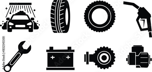 Monochrome vector art set of car wash front view with foam tire wheel fuel nozzle wrench battery turbocharger and engine icons in simple flat silhouette style