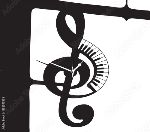 A unique wall clock designed as a black treble clef, incorporating piano keys as part of its face.  Shadows are cast on the wall behind it.