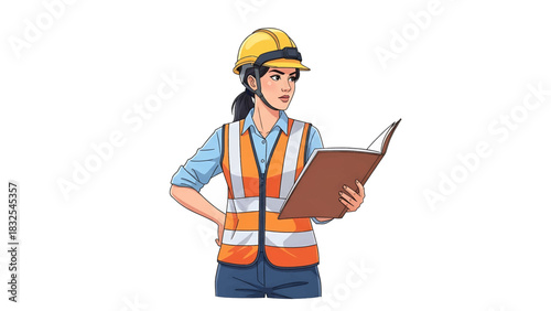 A determined female construction worker, architect, or engineer in a yellow hard hat and orange safety vest, attentively reviewing plans in a folder