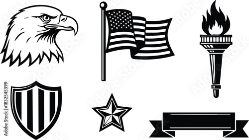Monochrome patriotic vector art with bald eagle head usa flag liberty torch shield star and blank ribbon emblem for independence day celebration
