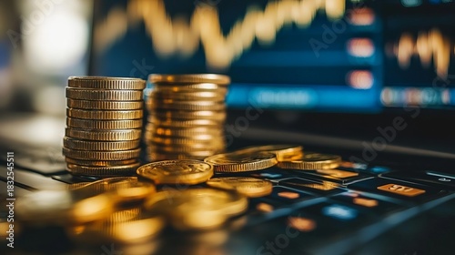 Wallpaper Mural Stacks of gold coins on a laptop keyboard, with a financial chart in the background Torontodigital.ca