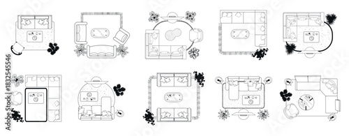 Furniture arrangement, top view. A set of furniture for the living room. CAD drawings