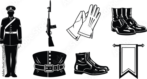 Flat design black and white military uniform vector set with standing guard rifle gloves boots belt cap and ceremonial banner on clean white background