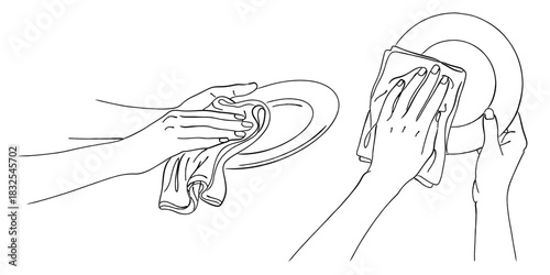 皿を布巾で拭く手（食器拭き・家事）,片付け,キッチン,手伝い,仕上げ,シンプル,ベクター,線画