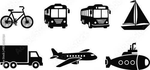 Minimal flat transport icons with bicycle bus sailboat truck airplane and submarine arranged in two rows in black silhouette style on clean white background
