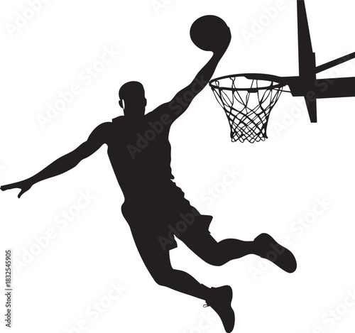 A dynamic silhouette of a basketball player in mid-air, executing a slam dunk with the ball held high above the hoop.