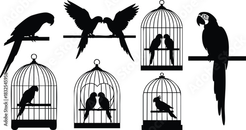 Black silhouette vector art of parrots and cockatoos on perches and in ornate bird cages with pairs facing each other in simple flat design style