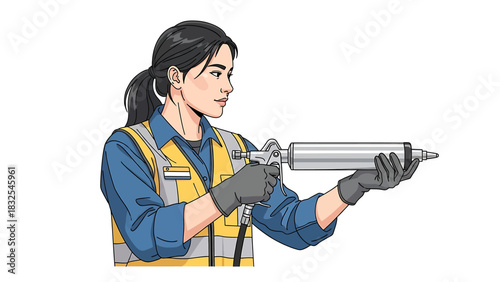 Focused female worker demonstrates precise application with a caulking gun, highlighting skilled labor in construction and maintenance tasks with expertise