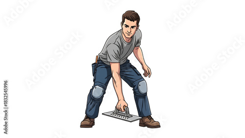 Construction worker spreading cement with a trowel for flooring, tiling, or repair work