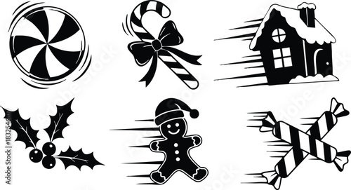 Monochrome vector art of fast moving christmas candy icons with peppermint swirl gingerbread man holly sprig candy cane bow gingerbread house and wrapped sweets motion