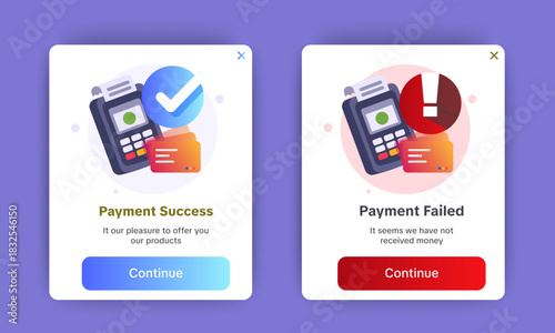 Payment success and Payment error pop up notification with card machine illustration. vector.