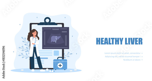 Healthy liver concept. Sonographic assessment of liver pathology. Gastroenterologist analyzing ultrasound images for disease diagnosis. Vector illustration in flat cartoon style.