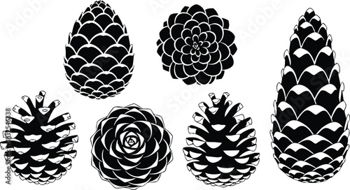 Monochrome vector art set of six pine cones with stylized scales and rosette tops arranged in two rows on white background in bold graphic silhouette style