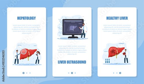 Hepatology banner set. Liver disease set. Medical examination and therapy by hepatologist for diagnosis and prevention. Vector design.