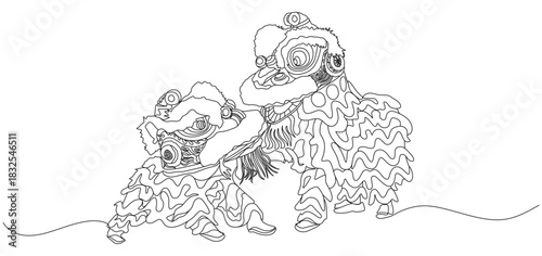 Traditional Lion Dance Duo Line Art