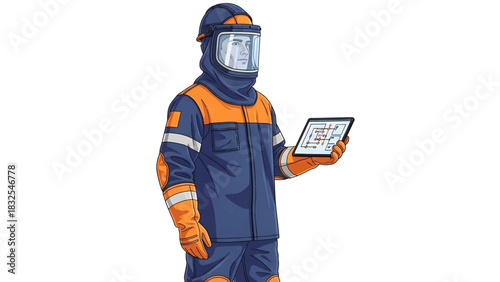 Illustrated industrial professional in a full-body protective suit and helmet, holding a digital tablet for data analysis and modern control