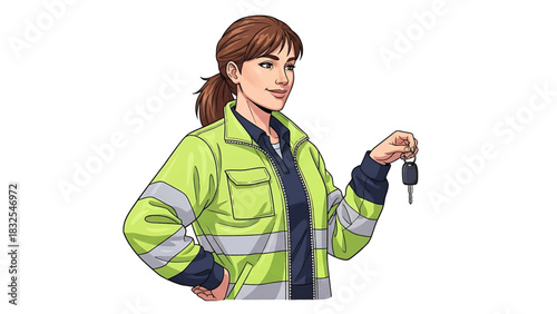 Confident female worker in a high-visibility safety jacket holding a set of car keys, representing driving and transportation services