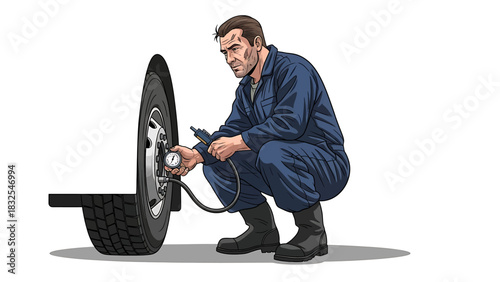 Mechanic Inflating a Tire Illustration