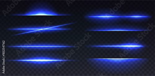 Vector illustration. Glow spark line effect in blue coror, light lens ray.