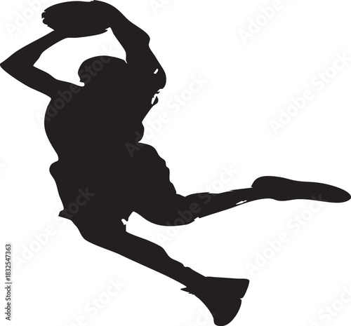 A dynamic silhouette of a basketball player in mid-air, preparing to slam dunk the ball against a white background.