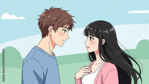 Animated Style Young Couple Gazing Each Other with Affection Illustration