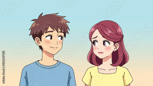 Expressive Illustration of a Young Couple in a Romantic Situation Anime Style