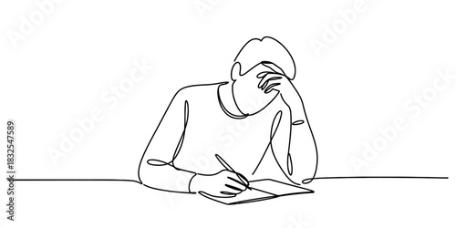 Continuous line drawing of a person experiencing stress and frustration while studying or working, hand covering face, writing in a notebook. Vector, illustration