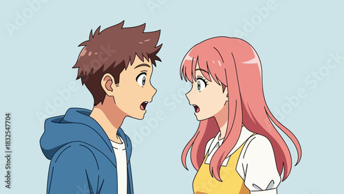 Anime Style Surprised Young Couple Side View Illustration