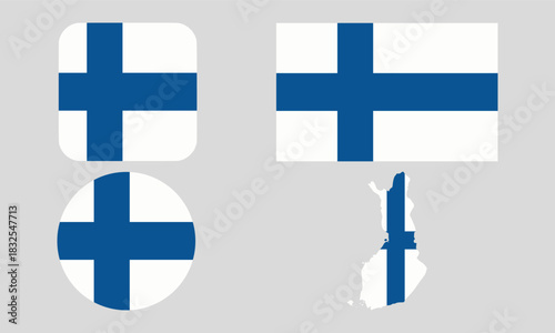 Finland Flag Icon Set in Square, Round, and Map Shapes. Clean Modern Collection. Perfect for use in apps, websites, presentations, infographics, educational materials, travel content.	