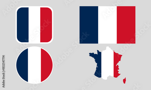 France Flag Icon Set in Square, Round, and Map Shapes. Clean Modern Collection. Perfect for use in apps, websites, presentations, infographics, educational materials, travel content.	