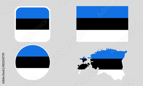 Estonia Flag Icon Set in Square, Round, and Map Shapes. Clean Modern Collection. Perfect for use in apps, websites, presentations, infographics, educational materials, travel content.	