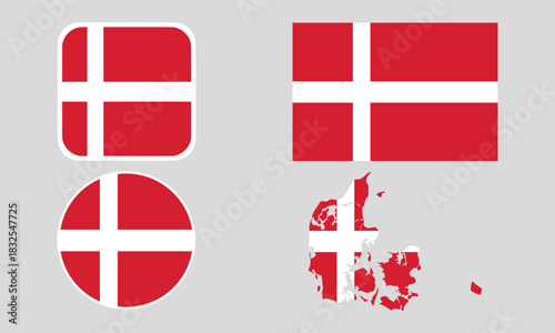 Denmark Flag Icon Set in Square, Round, and Map Shapes. Clean Modern Collection. Perfect for use in apps, websites, presentations, infographics, educational materials, travel content.	