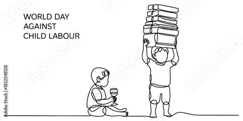 Continuous line drawing of two children illustrating world day against child labour: one carries books, the other holds a wine glass. Vector, illustration