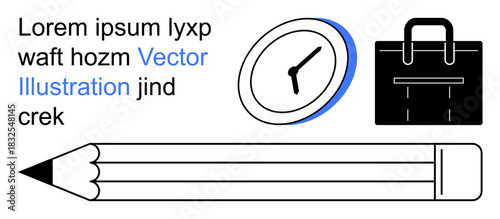 Time management, office tools, productivity, work essentials, education, design. Clock, pencil briefcase and text. Time management and office tools concept to enhance productivity