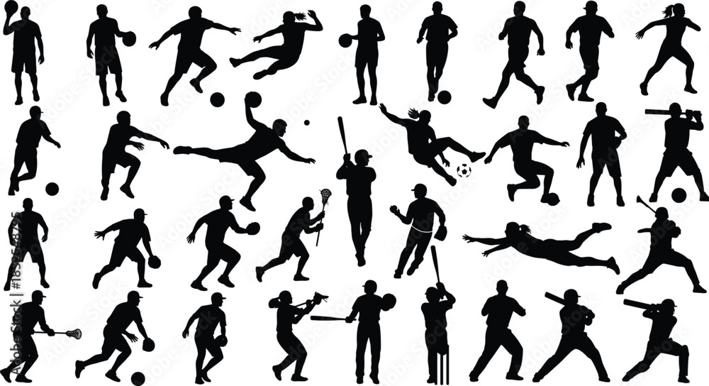 Fototapeta premium Mega set of black silhouette sports players, including baseball, soccer, basketball, lacrosse, and cricket athletes in various dynamic action poses, vector illustration on white background.