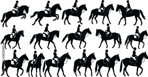 Horseback riding silhouettes set, black silhouette of rider on horse, equitation, dressage, jumping, and show jumping collection for equestrian sport vector illustration content.