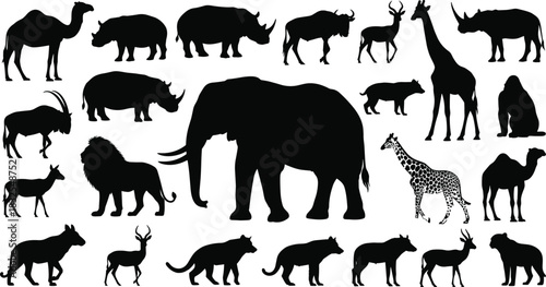 Mega set of black silhouette African safari animals, including giraffe, elephant, lion, rhinoceros, camel, and antelope figures, isolated wildlife vector illustration on white background.