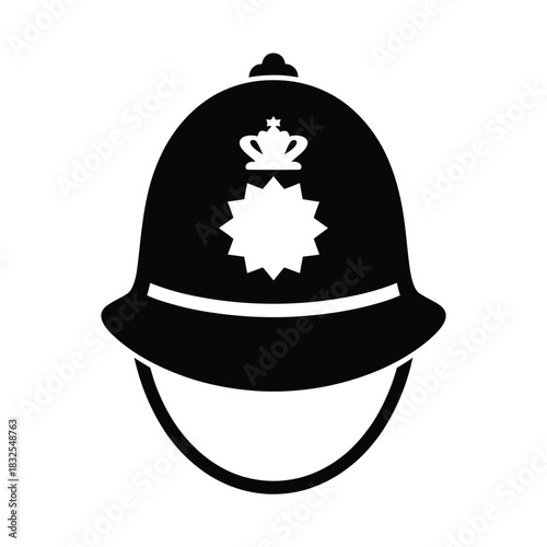 Black and white silhouette of a traditional police helmet with badge