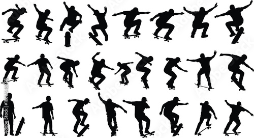 Mega set of black silhouette skateboarders performing dynamic tricks, including ollies, flips, and jumps, capturing street sport and extreme youth culture vector illustration on white.